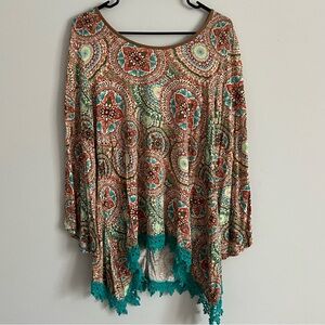 New Directions Multi-Color Medallion Print Crochet Hem Long Sleeve Blouse